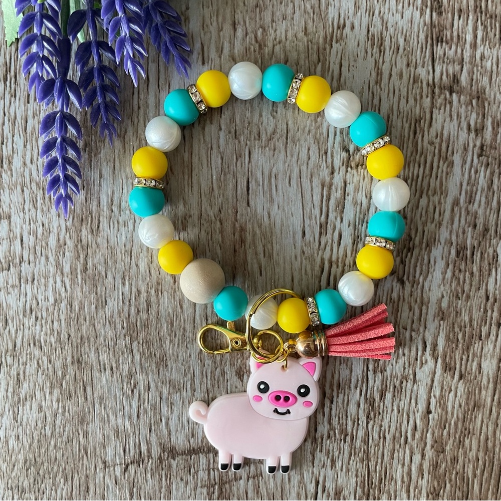 Wristlet Keychain Silicone Beaded Handmade Bracelet Women Gift Custom Pig Holder